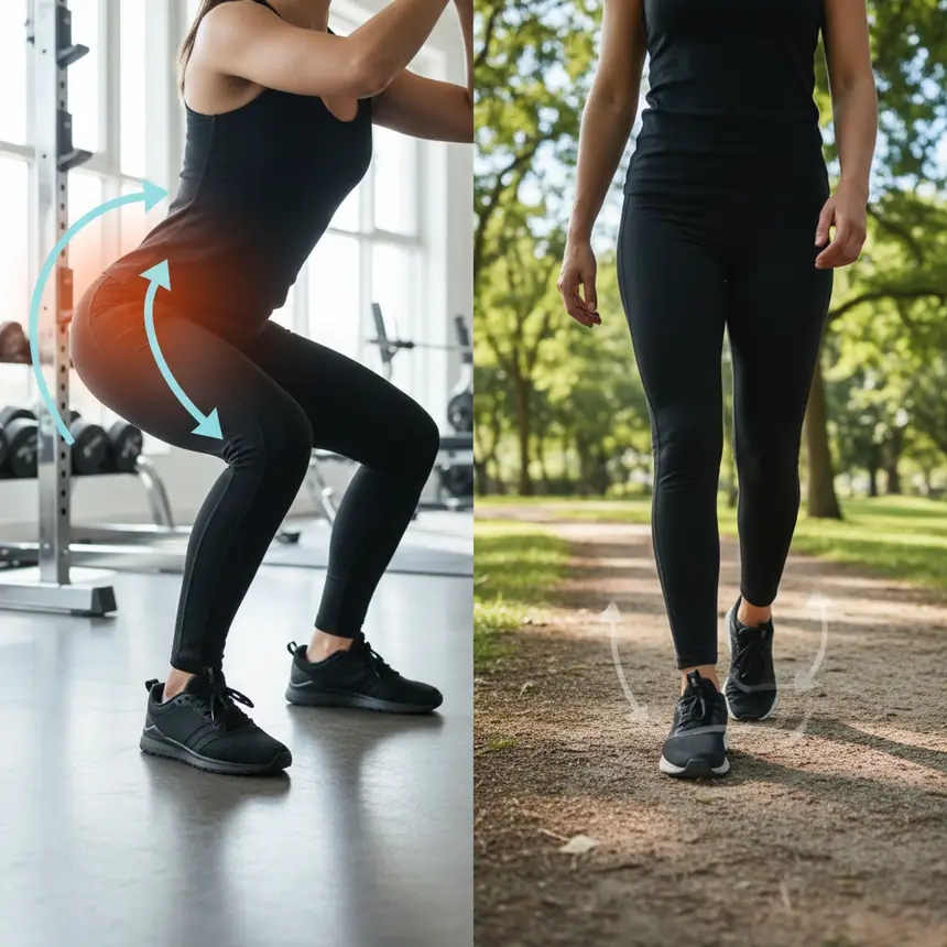 Proper squat form, brisk walking