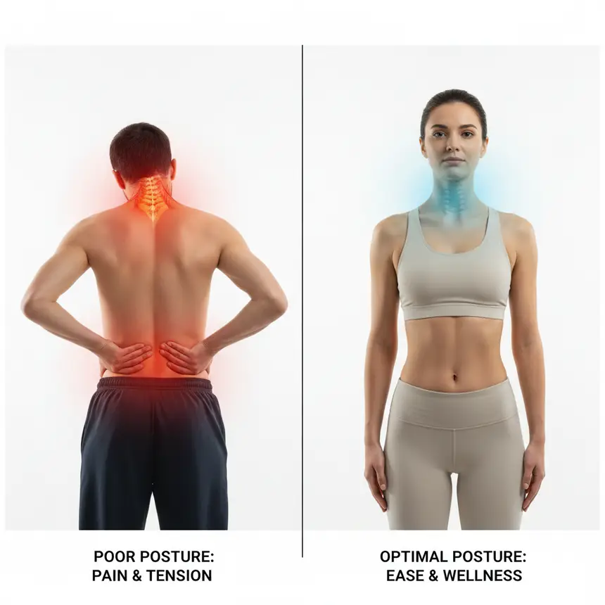 Slouched versus upright posture comparison, showing discomfort versus relief.