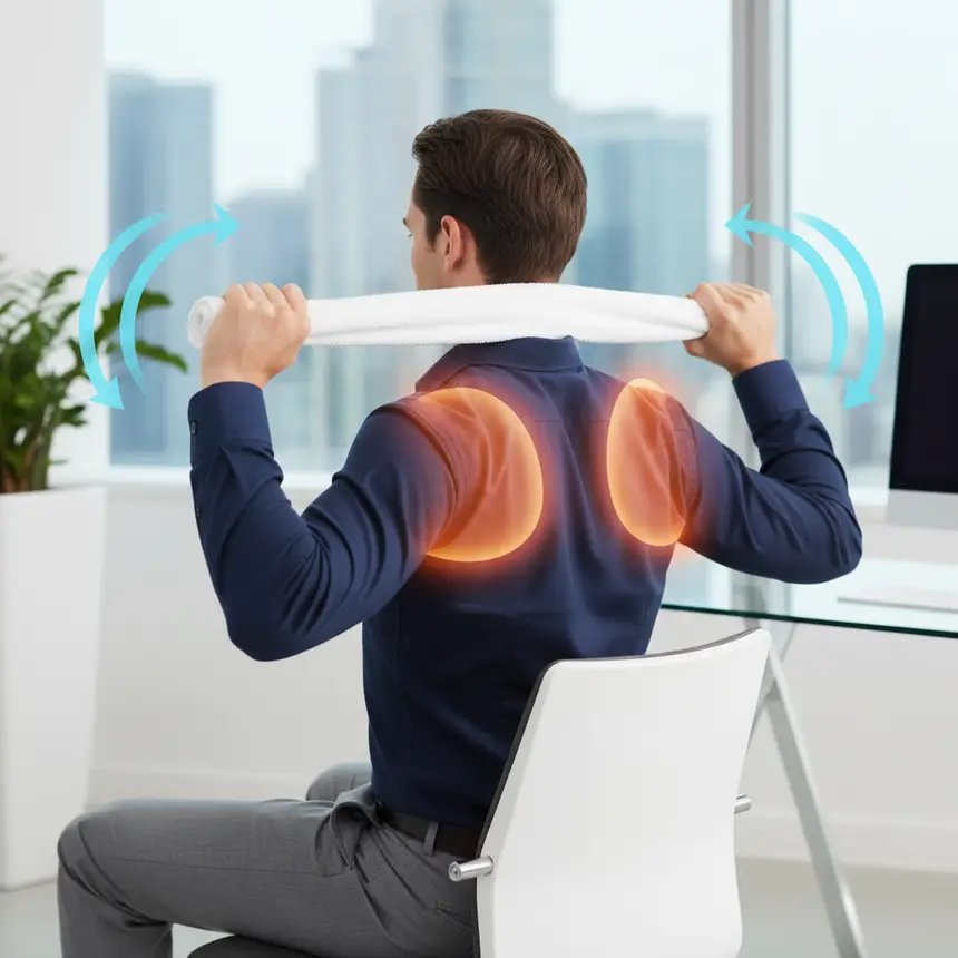 Office worker performing shoulder blade exercise with a towel.