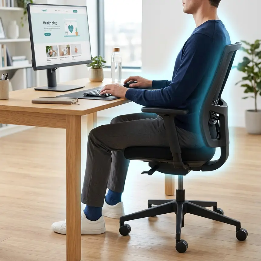 Ergonomic office setup with person maintaining good posture.