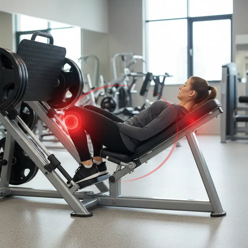 Incorrect leg press form, knee hyperextension, arched back