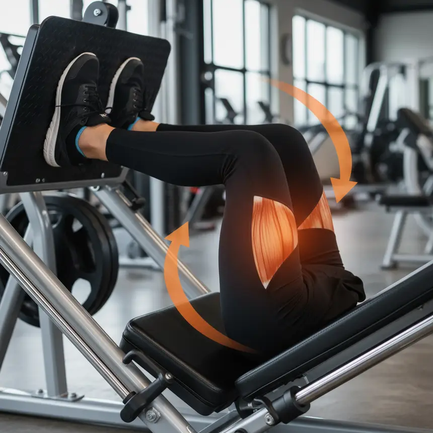 Proper leg press form, lower body muscle activation, knee angle