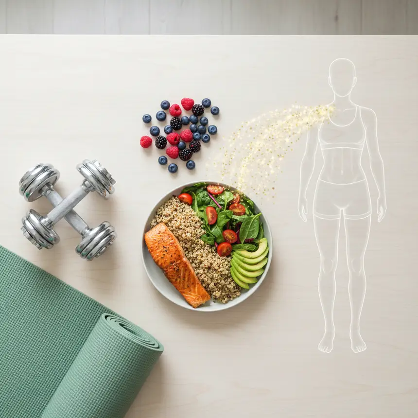 Healthy meal dumbbells yoga