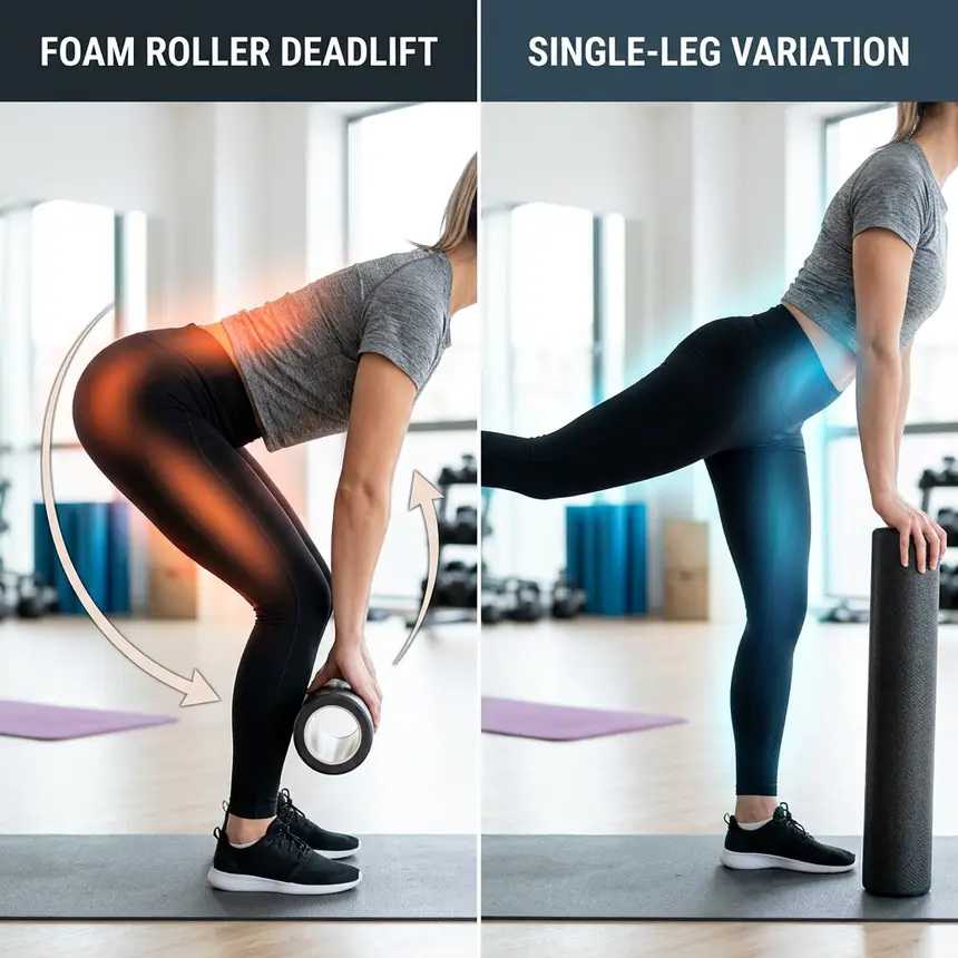 Foam roller deadlift, single-leg deadlift