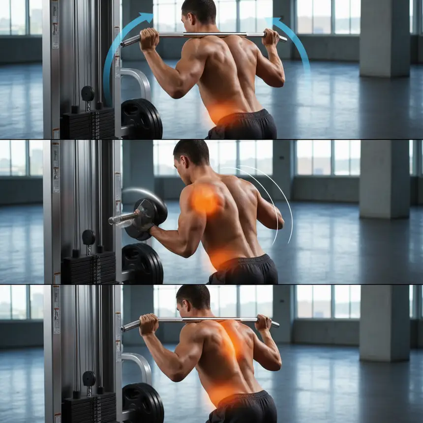 Back workout routine, lat pulldown, one-arm row, t-bar row