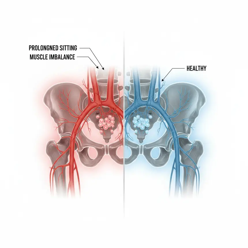 Pelvic imbalance, poor circulation, restricted hip movement