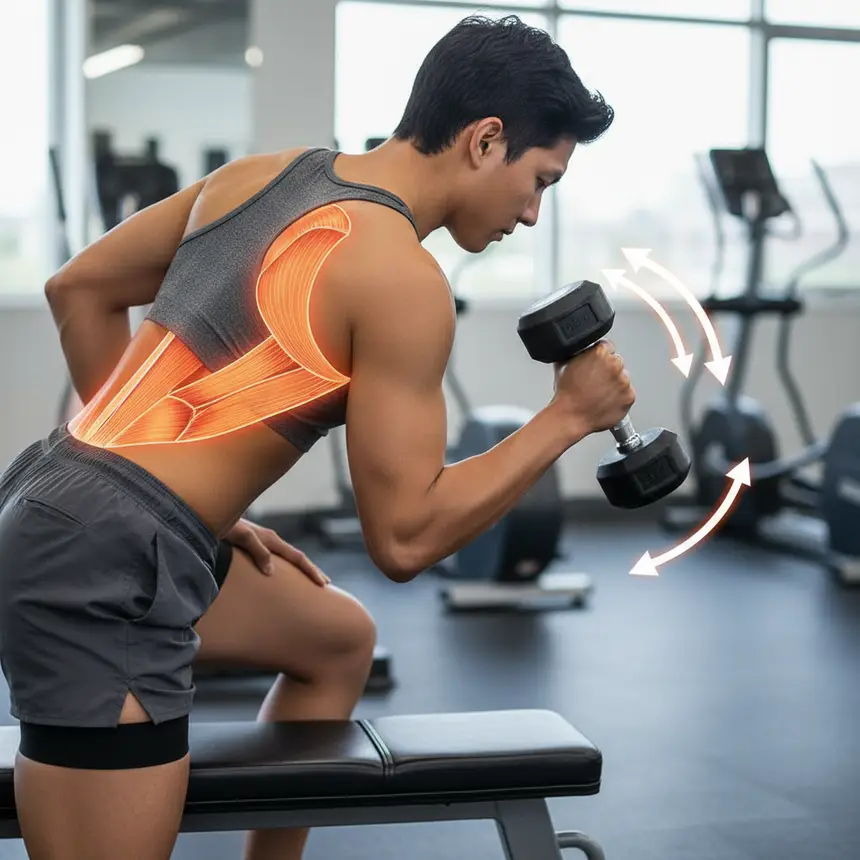 Back strengthening dumbbell exercise, one-arm row